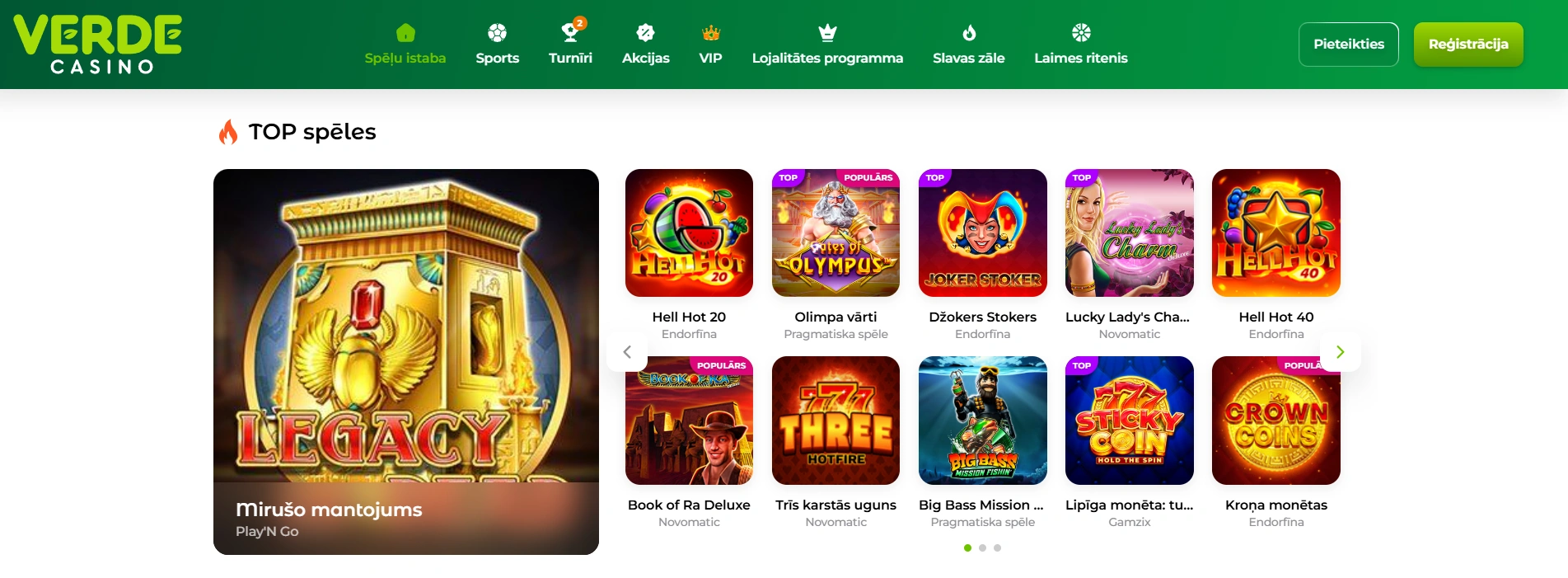 Spēles un likmes Verde casino